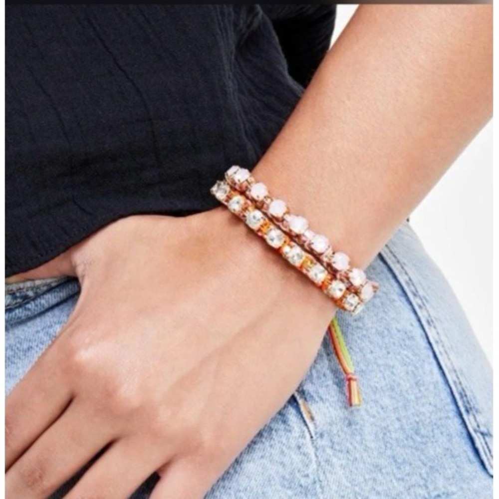 On‎ 34th Gold Tone 2 Piece Set Color Crystal Cord Slider Bracelets Pink NEW